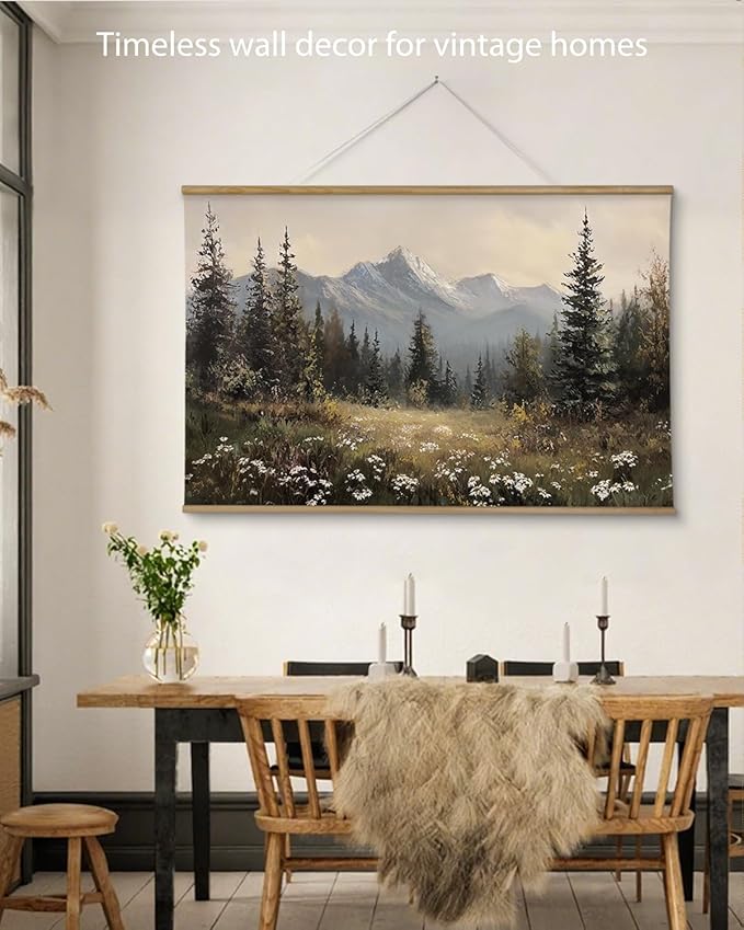 ARPEOTCY Extra Large Vintage Framed Wall Art, 36x54 Inch Wildflower Mountain Forest Hanging Framed Canvas Prints Scroll Wall Art Decor for Living Room Bedroom, Retro Scenery Pictures Above of Bed