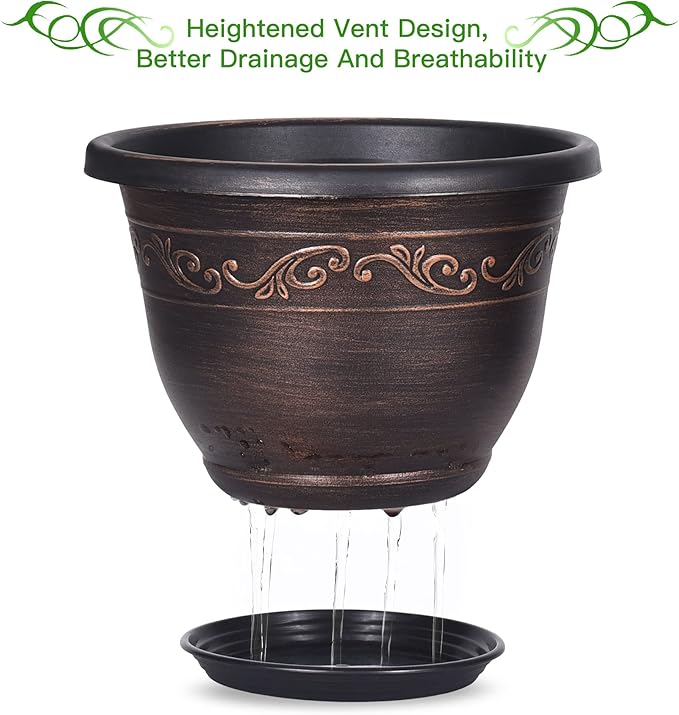 Plastic-Plant-Flower-Planters-10 Inch with Drainage Hole & Saucer, 3 Packs Lightweight Small Resin Flower Pot Indoor Outdoor, Retro Antique Imitation Decorative Garden Containers Sets for Houseplants