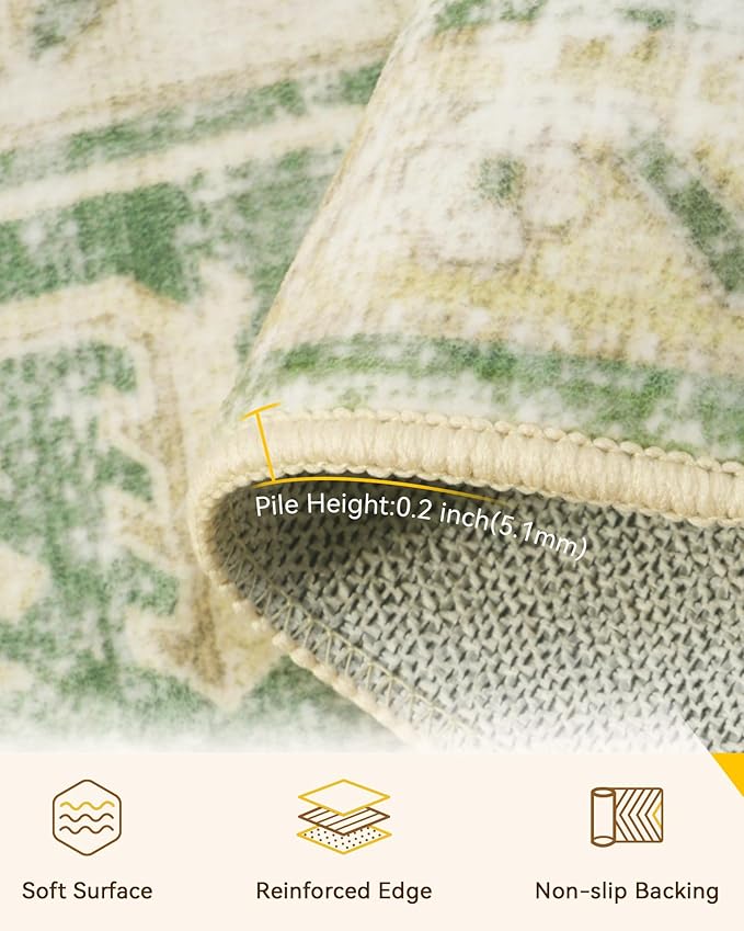 Area Rugs 4'x6' Washable Non-Slip, Floral Vintage Distress Print Pattern Medallion Carpet for Living Room Bedroom Dining Room, Sage Green Yellow