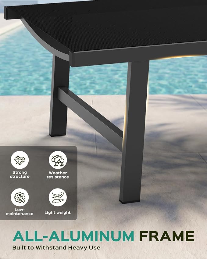 Patio Chaise Lounge Chair Outdoor with Wheels&Armrests, Aluminum Pool Lounge Chairs Five-Position Adjustable Recliner with Side Table, Outdoor Beach Lounge Chairs for Outside, Deck, Yard, Black