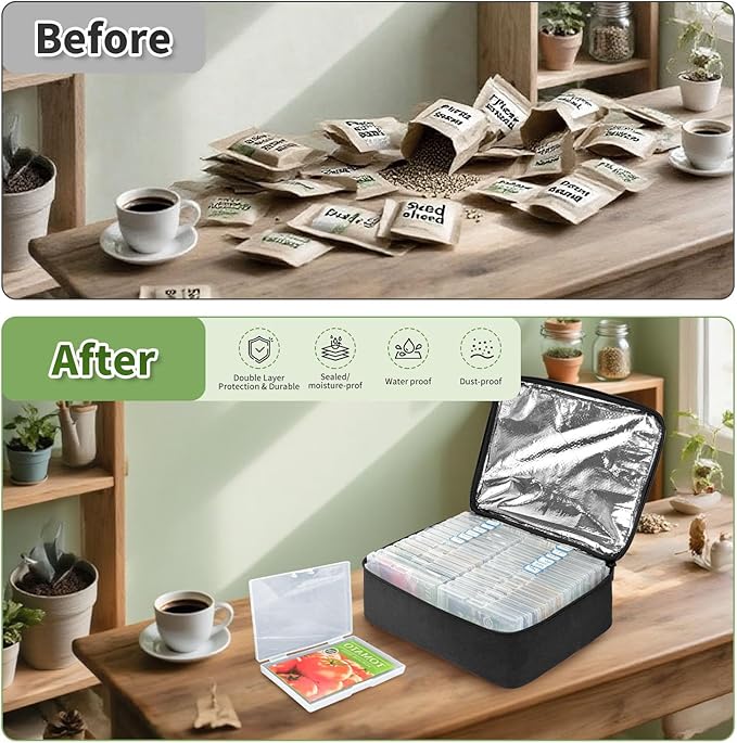 Boczif 26 Slots Seed Storage Organizer Box with Insulated Bag Seed Envelopes Bag and Label Stickers, Garden Seed Container for Seed Packets, Plant, Flower, Vegetable Seeds