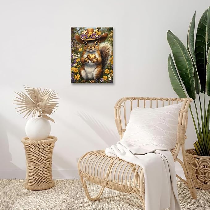 Western Squirrel Wall Art, Squirrel Peanut Pictures Wall Decor, Country Rustic Animal Canvas Prints, Forest Flower Painting, Framed Artwork for Bathroom Living Room Bedroom Dining Room 16"X12"