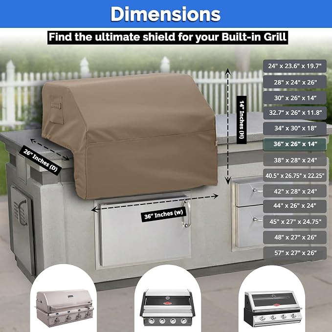 Covers & All Built-in Grill Cover for Outdoor Grill – Heavy Duty 12 oz Waterproof Built-in BBQ Grill Cover, PVC-Coated Polyester with Elastic Hem for Snug Fit (36 x 26 x 14 inches, Beige)