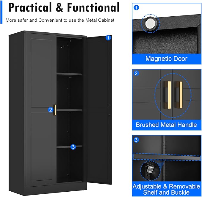 60 Inch Tall Pantry Cabinet, Metal Kitchen Storage Cabinet with Doors and Shelves, Black Cupboard for Food Storage, Freestanding Cabinet for Living Room, Dining Room - Assembly Required