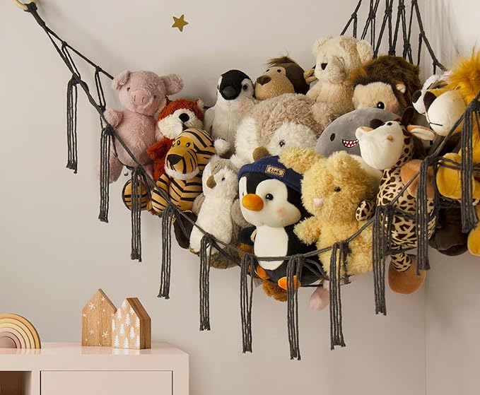 Stuffed Animals Hammock Net Corner-Hanging Stuff Animal Toy Storage Organizer for Plush Plushie Room Bedroom Nursery Decor Toy Storage Organization