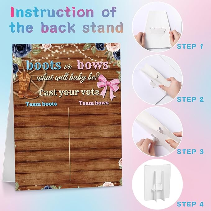 Poen Boots or Bows Gender Reveal Game Board with Stand, 60 Pink Bow & Brown Boot Stickers, Cast Your Vote Baby Shower Party Supplies, Boy or Girl Guessing Game Decorations for Gender Reveal Party