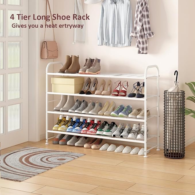 LINZINAR Shoe Rack Long 4 Tier Shoe Storage Organizer Metal Wide Shoe Shelf for Closet Entryway Bedroom 30 Paris Large Capacity, White