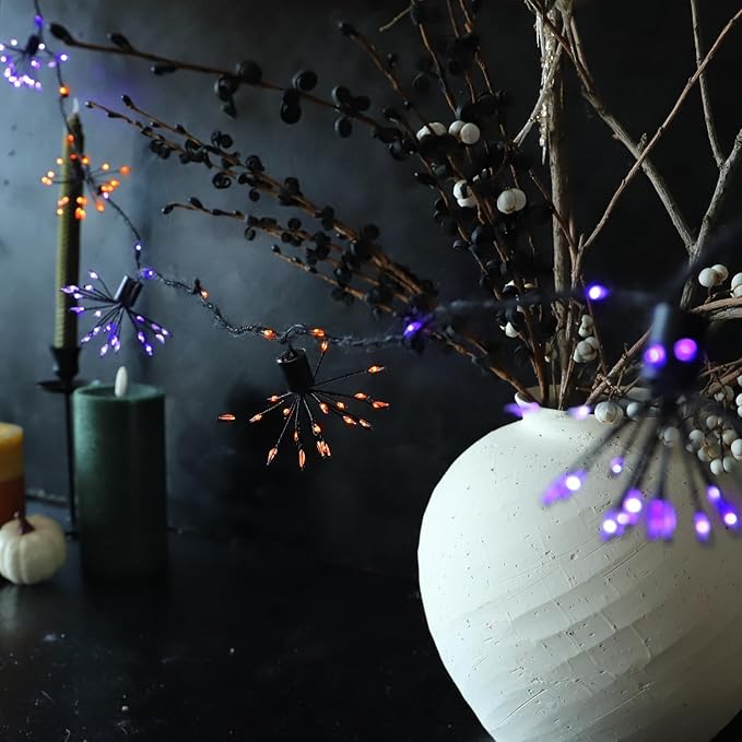 8 Clusters Firework Lights 10FT Battery Operated Orange and Purple Fairy Lights with Remote 200LED Decorative Fall Lights for Indoor Outdoor Garden Halloween Decorations