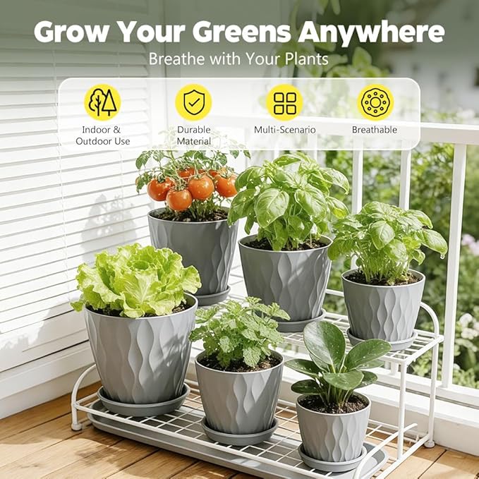 Plant Pots, Self Watering Planters with Drainage Holes and Trays, Flower Pots for Indoor Outdoor - 6 Pack(4/5/6/6.5/7/8 Inch) (Gray)
