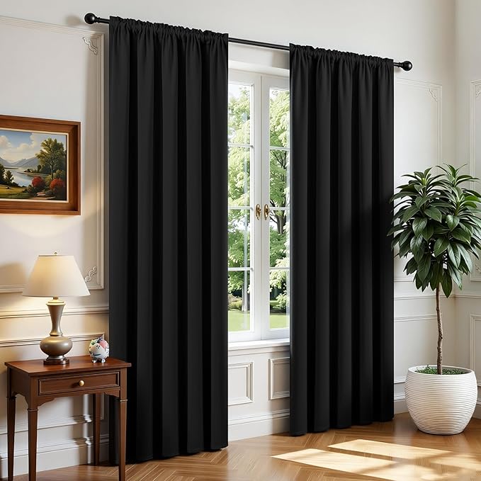 CUCRAF Black Blackout Curtains 90 inch Length 2 Panels Set, Rod Pocket Room