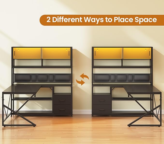 SEDETA L Shaped Gaming Desk, Home Office Computer Desk with 2 Drawer and Bookshelf, L Shaped Gaming Desk with LED Light, Glass Cabinet and Storage Bag, Corner Desk with Storage Shelves, Black