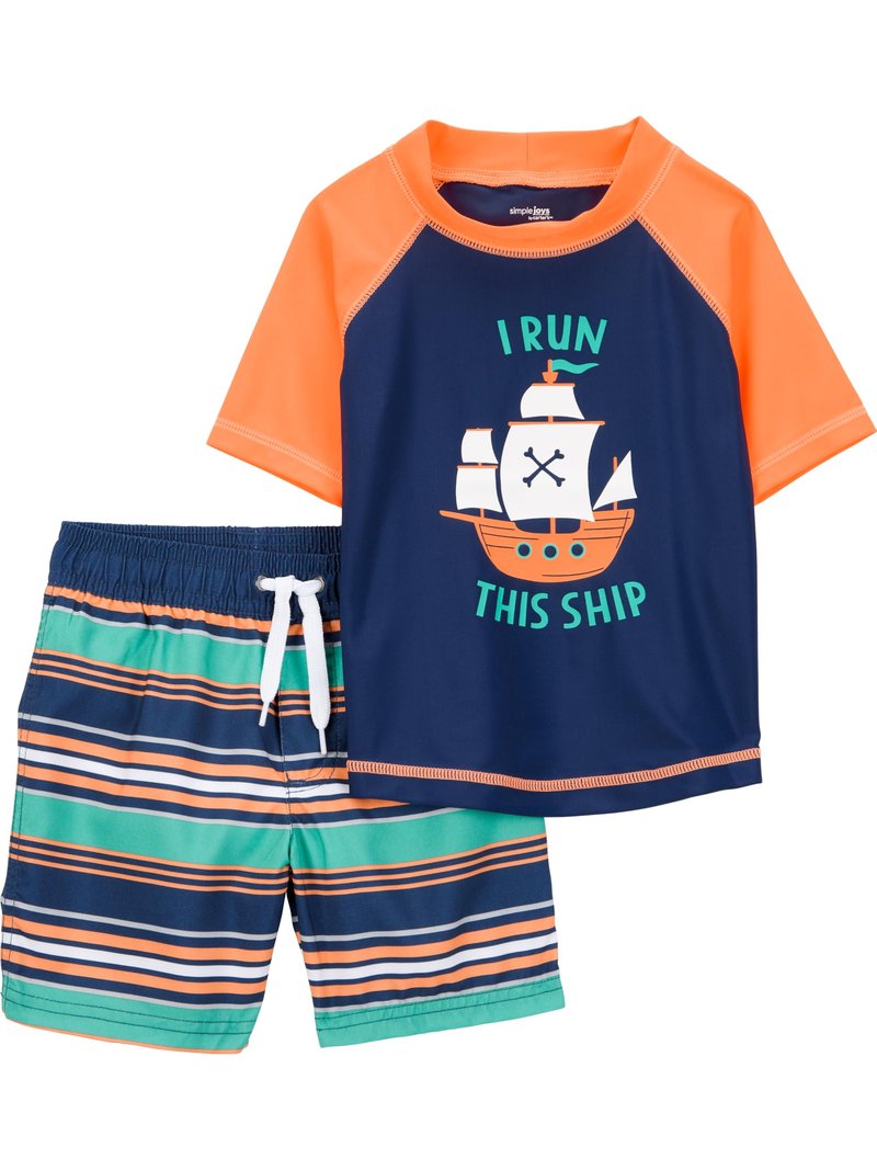 Simple Joys by Carter's Toddler Boys 2-piece Swimsuit Trunk and Rashguard, Orange Blue Ship, 5T
