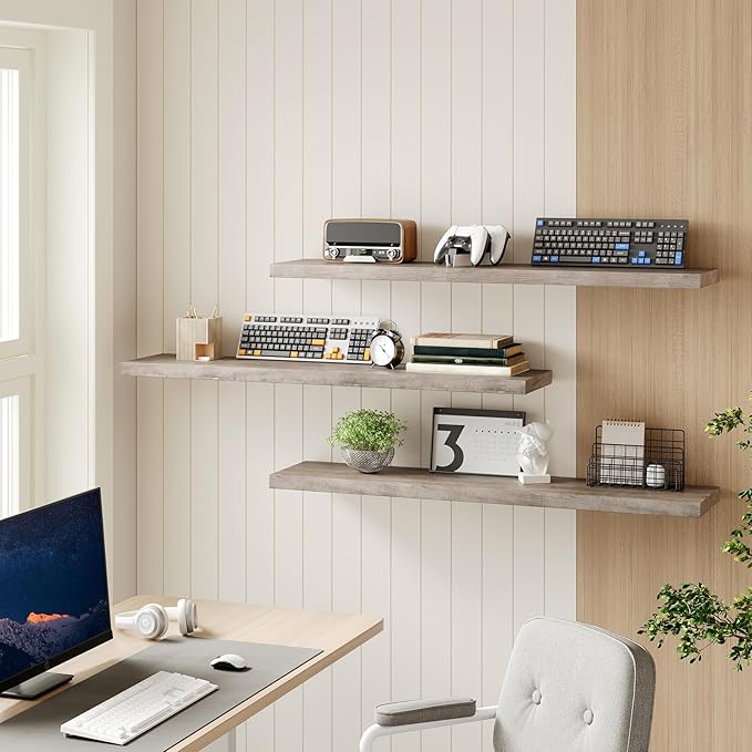 RALGEND Floating Shelves for Wall, 47.2" Large Grey Wall Shelf Set of 3