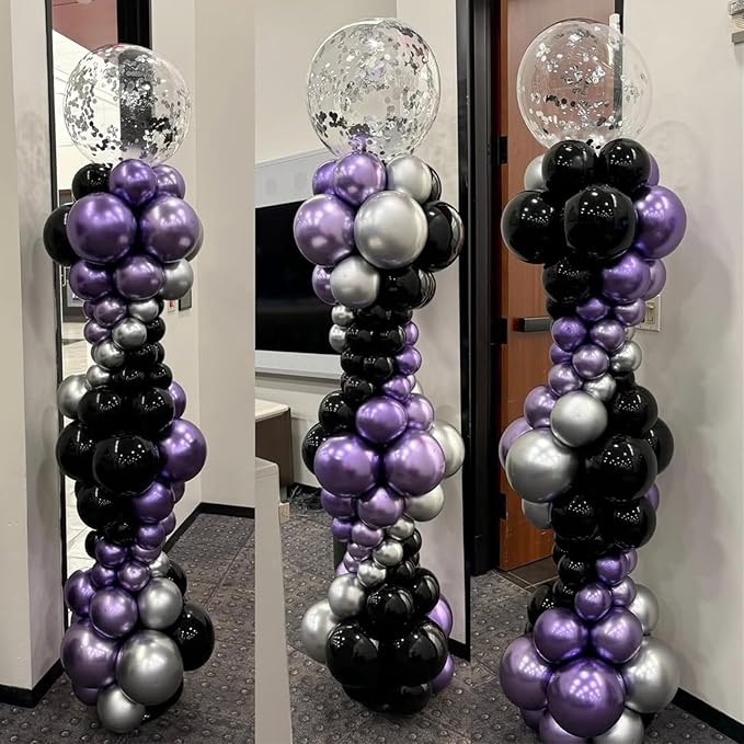 162pcs Purple and Black Balloons Garland Arch Kit, Metallic Purple Silver Black and Confetti Balloons in Different Sizes for Halloween Wednesday Vampire Theme Birthday Party Decorations