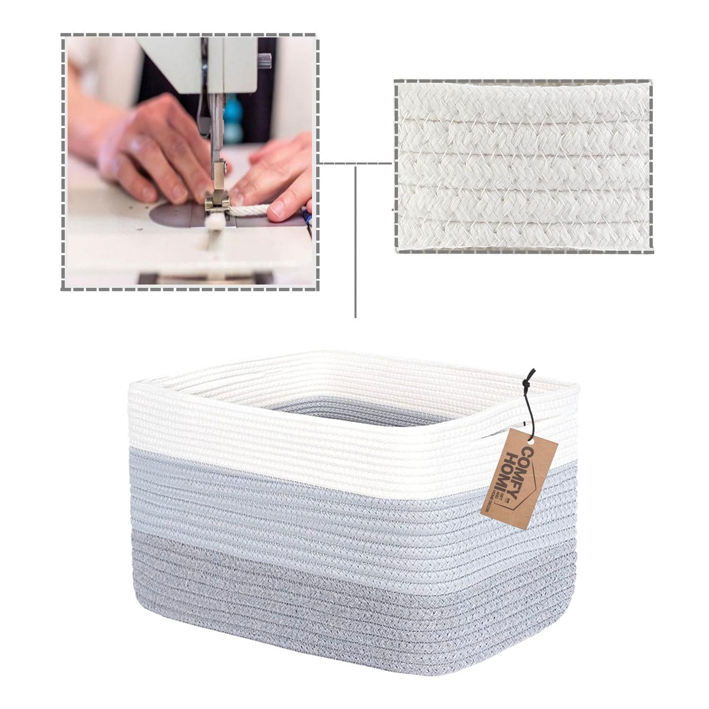 COMFY-HOMI 3PACK Cotton Rope Woven Basket With Handles for Shelves, Toy, Book, Cloth Storage Basket for Organizing|13.5" x 11" x 9.5" Decorative Nursery Cube Bin for Living Room（White / 3-Tone Grey）