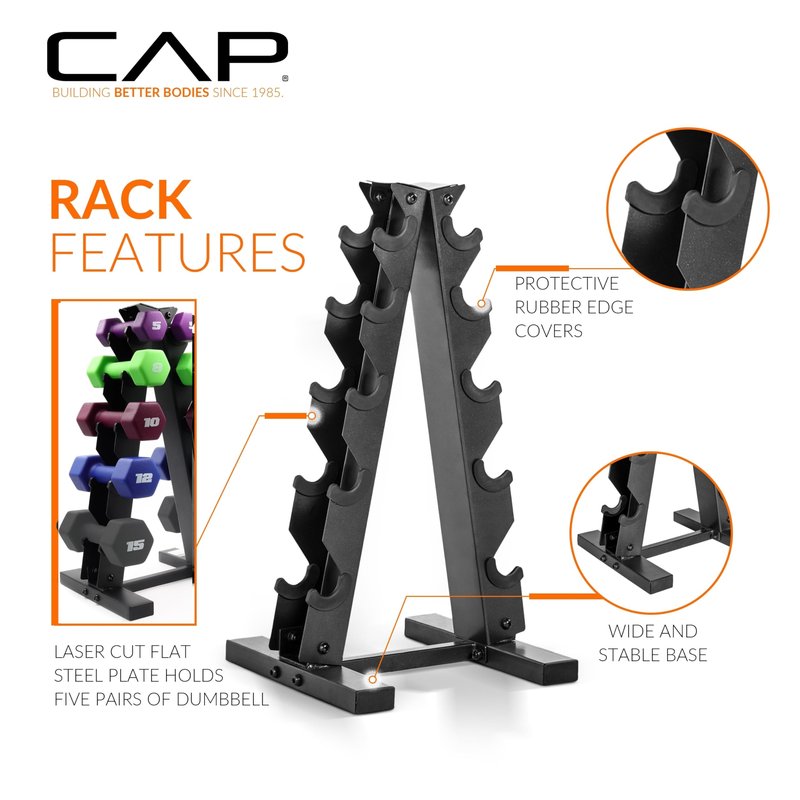CAP Barbell 100 LB Set of Neoprene Dumbbells with Rack Color Series | 5, 8, 10, 12 and 15 LB pairs