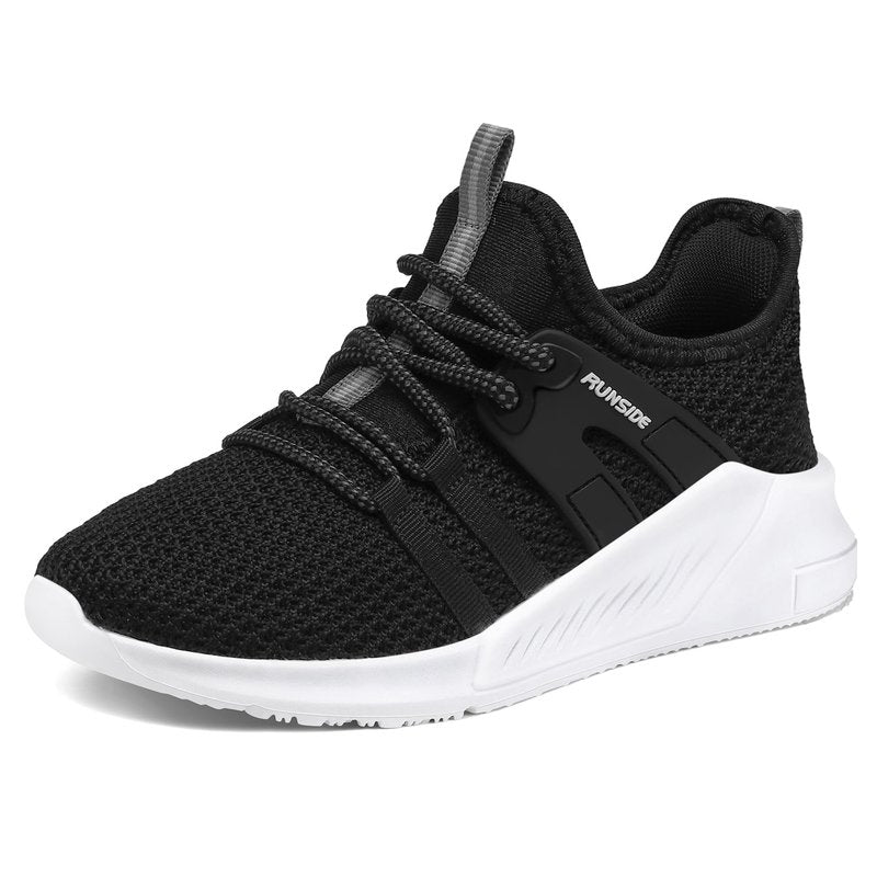RUNSIDE Boys Girls Tennis Shoes Kids Lightweight Breathable Sneakers Lace-up Running Athletic Shoes for Toddler/Little Kid/Big Kid Black White