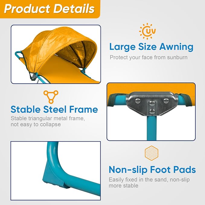 Northroad Beach Lounge Chair with Canopy Shade, Adjustable 4 Position Foldable Tanning Chair, Outdoor Heavy Duty Chaise Lounge Chair, for Poolside Patio Sunbathing Lawn, UPF 50+, Yellow