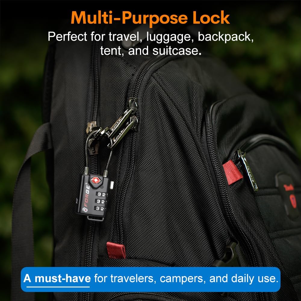 Skiennix TSA Approved Cable Luggage Locks - Re-settable Combination, Durable Alloy Body, Black (2 Pack)