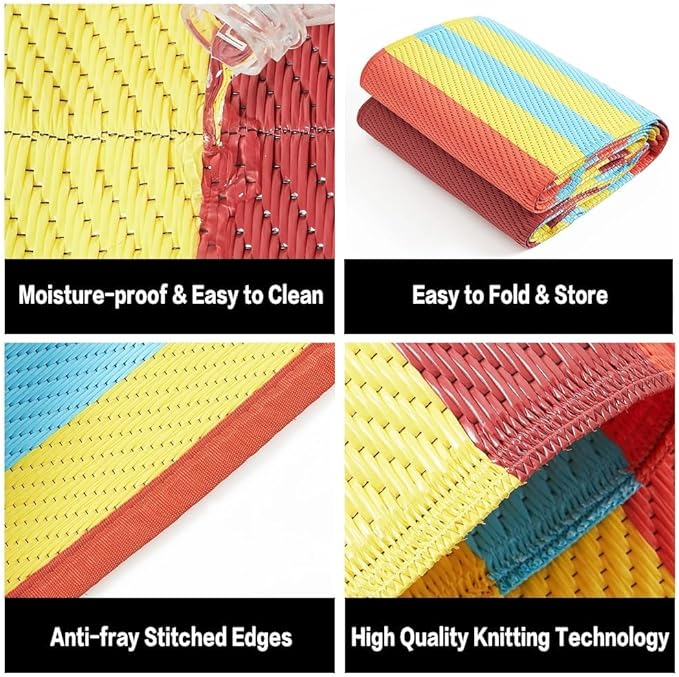 Outdoor Waterproof Rug 9'x12' Plastic Straw Rugs Washable Reversible Floor Mat Rainbow Stripe Carpet for Camping RV Deck Entryance Porch Picnic Balcony Beach Backyard