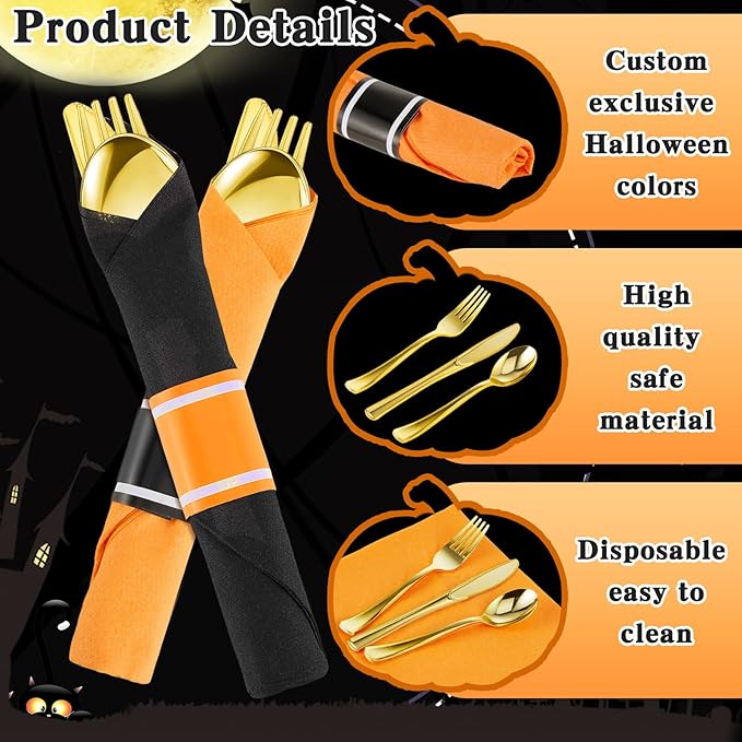 Lasnten 50 Pcs Pre-rolled Halloween Plastic Silverware Set Gold Disposable Plastic Cutlery Set with 50 Orange Black Napkins, 50 Knives, 50 Forks and 50 Spoons for Halloween Parties