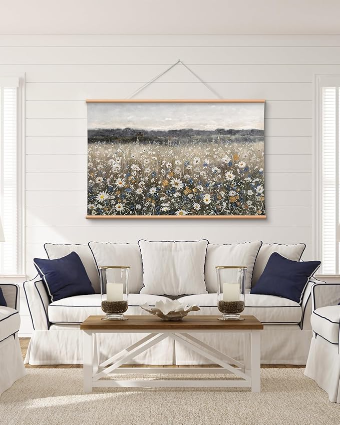 VIYYIEA Extra Large Canvas Wall Art, 36x54 Inch Vintage Wildflower Landscape, Neutral Floral Meadow Wall Decor for Living Room or Bedroom, Above Sofa