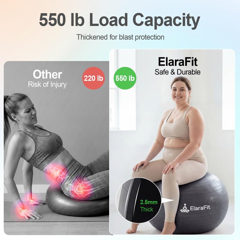 ElaraFit Anti Burst Large Exercise Ball for Yoga Non Slip Pilates Ball with Pump 550 lbs Capacity for Pregnancy, Fitness Size L 23 to 26 inches, About 58 to 65cm (Black)