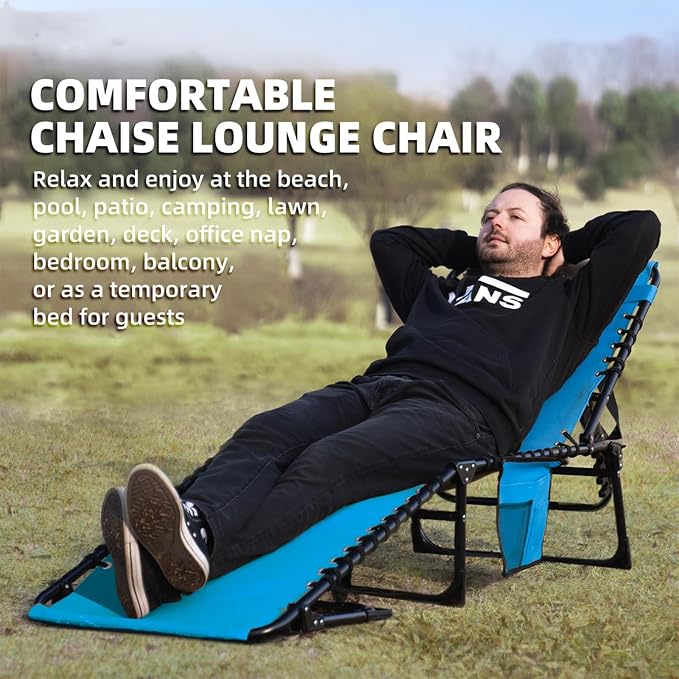 Folding Chaise Lounge Chair Bed Set of 2 - Heavy-Duty 400lb Capacity Portable Adjustable Recliner w/Pillow for Patio, Pool, Camping, Sunbathing - Lay Flat Design (Blue)