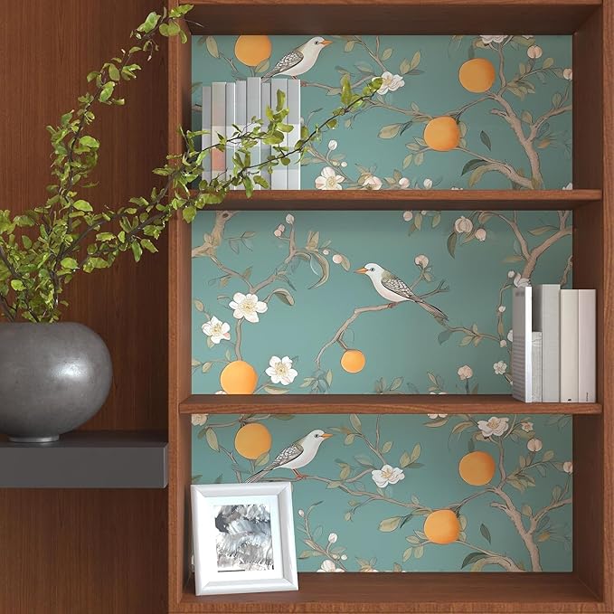 Green Floral Wallpaper Peel and Stick, Birds Contact Paper Orange Fruits