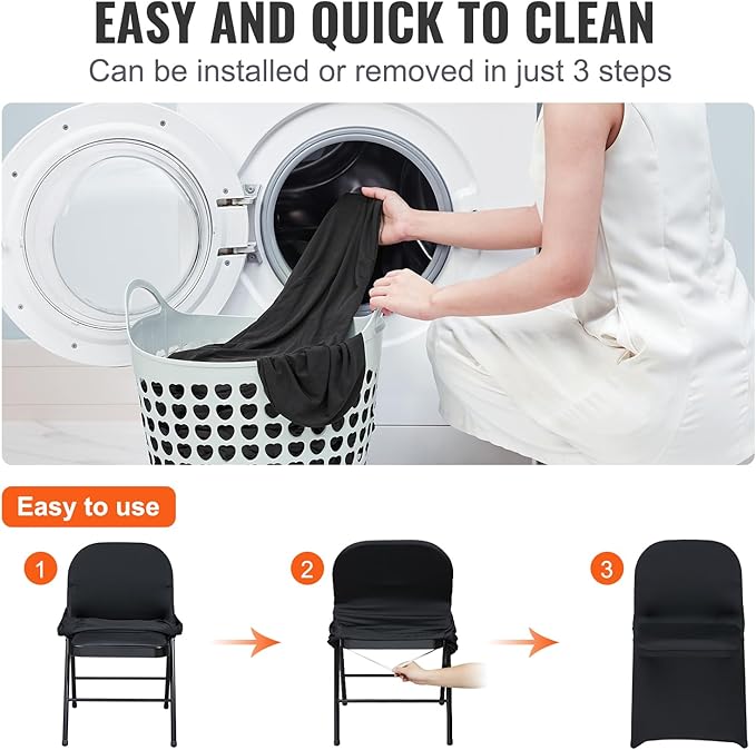 VEVOR Stretch Spandex Folding Chair Covers, Universal Fitted Chair Cover, Removable Washable Protective Slipcovers, for Wedding, Holiday, Banquet, Party, Celebration, Dining (100PCS Black)
