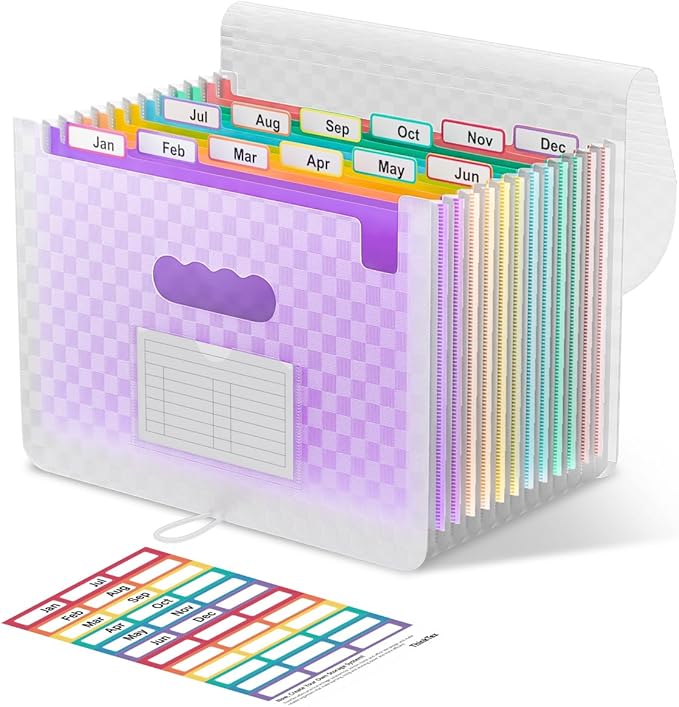 ThinkTex Accordion File Organizer, 12 - Pocket Expanding File Folders for Paper Receipts, Bills & Taxes Organizer, Letter/A4 Size Document Holder for School, Office, Home with tabs-Purple