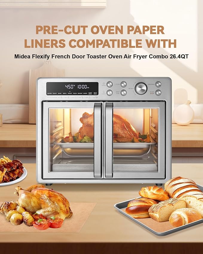 125PCS Air Fryer Liners for Midea Flexify French Door Toaster Oven Air Fryer Combo 26.4 QT, Non-stick Disposable Baking Parchment Paper Sheets Easy Cleanup Compatible with Black+Decker TO62D5-1SD
