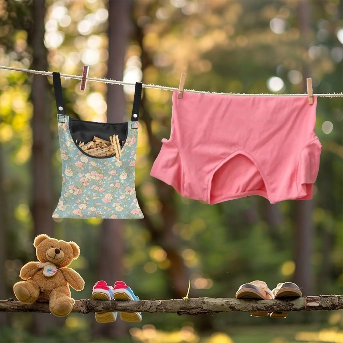 Clothes Pin Hanging Bag with Big Opening Storage Clothes Pins & Mini Clothespins Fits Retractable Clothes Line Outdoors - Flowers Pink