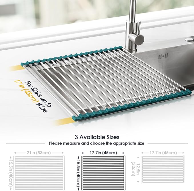 Tomorotec Stainless Steel Roll Up Dish Drying Rack, Foldable Over The Sink Rolling Drainer Rack, Multipurpose Kitchen Gadget Draining Caddy Organizer, Space Saving Sink Accessory Storage Shelf Holder
