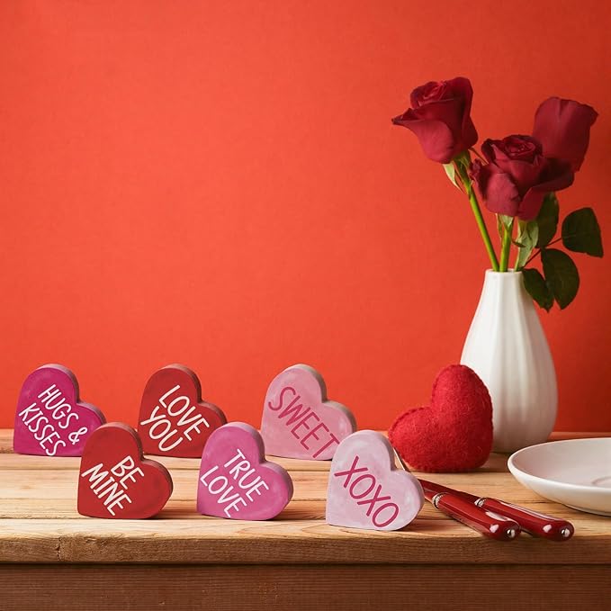 Smile Valentine's Day Heart - Shaped Wooden Block Decor, Be Mine XOXO Sweet & More Love Phrases, Valentine Indoor Decoration