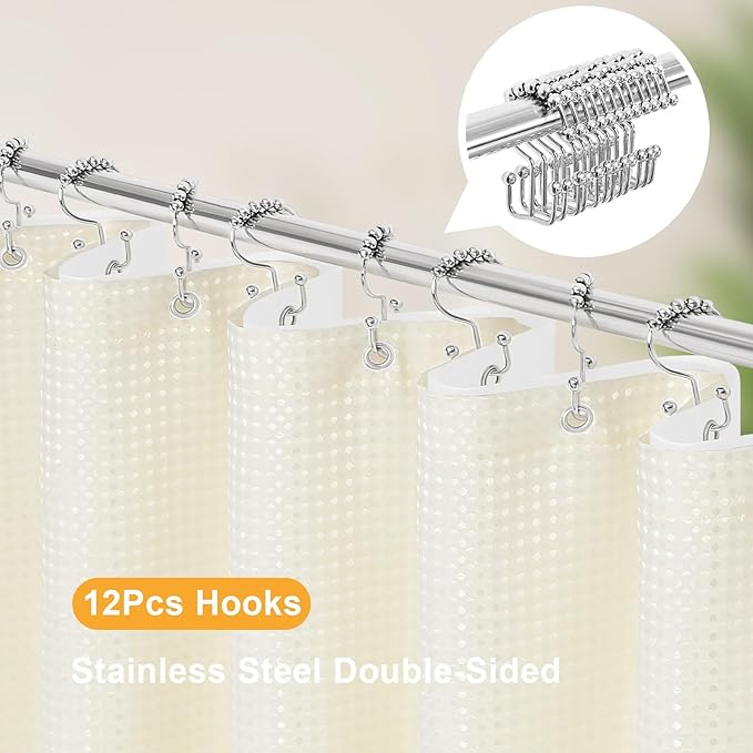 3 in 1 Shower Curtain Set, Cream Waffle Shower Curtain and PEVA Liner Set with 12 Stainless Steel Shower Curtain Hooks, Ivory Waterproof Fabric Shower Curtains for Bathroom, 72 W x 72 H