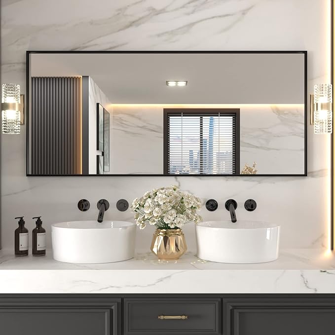 LOAAO 72"X32" Black Rectangle Bathroom Mirror Wall, Matte Black Aluminum Alloy