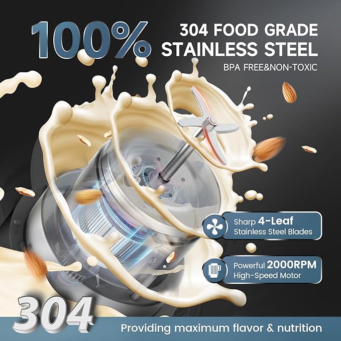 50oz Almond Milk Maker Machine (Built-in Filter) Make Plant Based Milk, Soup & Juice, 6-7 Cups Per Batch, 304 Stainless Steel, 5.3 lb, Automatic Cleaning, 8-IN-1 Nut Milk Maker for Soy & Oat (Black)