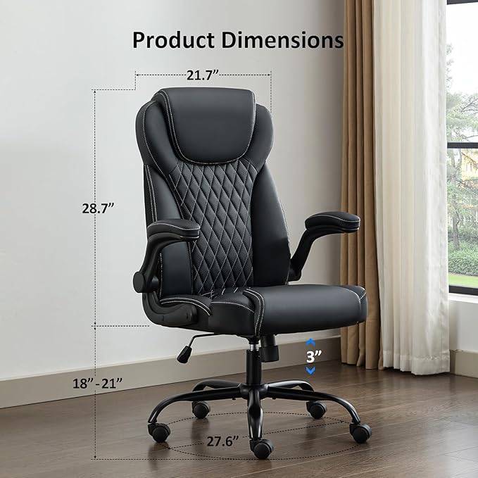 Office Chair, Executive PU Leather Chair Home Office Desk Chairs, Ergonomic Computer Desk Chair with Adjustable Flip-Up Arms, Lumbar Support Swivel Task Chair with Rocking Function (Black)