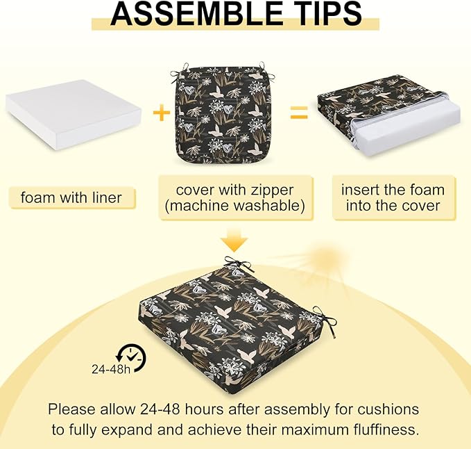 downluxe Outdoor Chair Cushions Set of 4, Waterproof 19" x 19" x 3" Patio Chair Cushion with Non-Slip Ties & Handle, Square Outdoor Cushion for Patio Furniture with Removable Cover, Night Bird