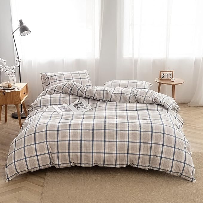FACE TWO FACE Bedding Duvet Cover Set100% Washed Cotton Duvet Cover Linen Like Textured Breathable Durable Soft Comfy(Full, Blue Grid)