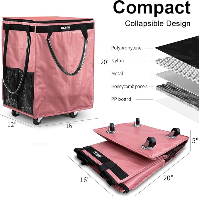 (Medium,Pink) Reusable Grocery Bag on Wheels, 70L Foldable Rolling Tote, Carries Up to 66 lbs Shopping Trolley, Zipper Clouser Shopping Carts for Trips, Laundry, 4 Heavy Duty Wheels and 3 Handles