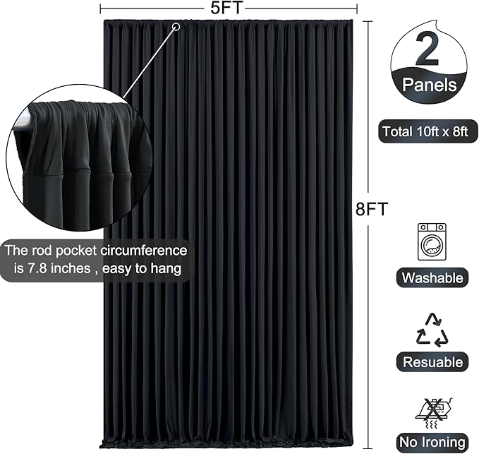Black Backdrop Curtain for Parties Wrinkle Free Black Photo Curtains Backdrop Drapes Fabric Decoration for Birthday Party Wedding 5ft x 8ft,2 Panels