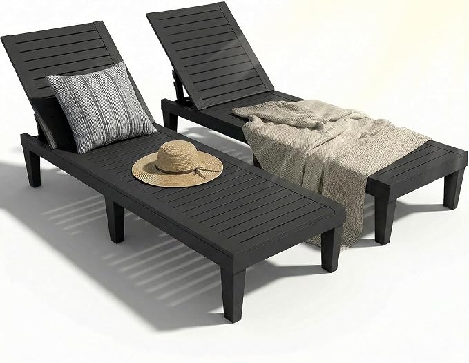 Lounge Chair Outdoor,Set of 2 All-Weather UV-Resistant & Waterproof Patio Lounge Chairs,High-Impact PP 5 Position Adjustable Tanning Chair,Heavy Duty Pool Lounge Chairs Great for Pool & Yard,Black