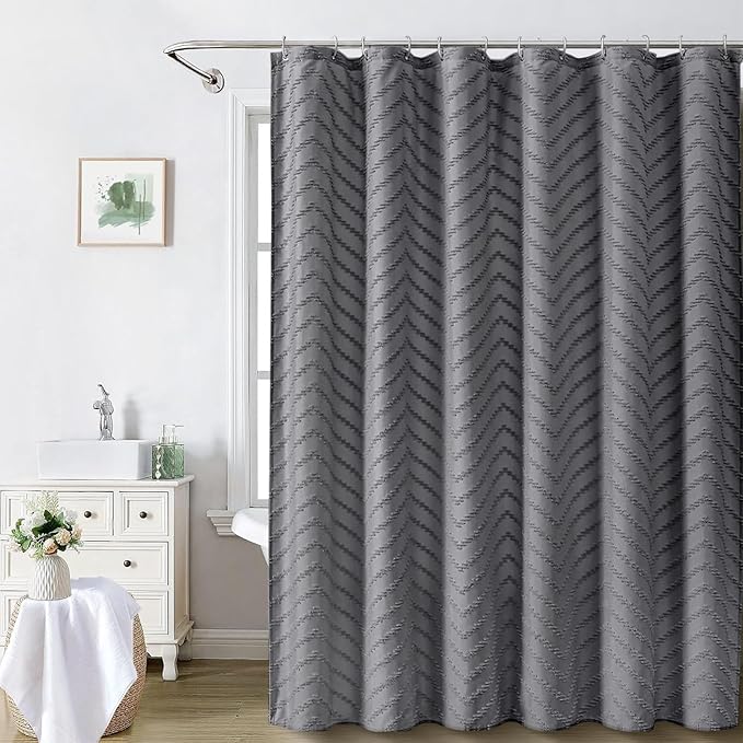 Boho Gray Shower Curtain Tufted Chevron Striped Shabby Chic Textured Cloth Shower Curtains for Bathroom, Modern Farmhouse Waterproof Shower Curtain, 72x72