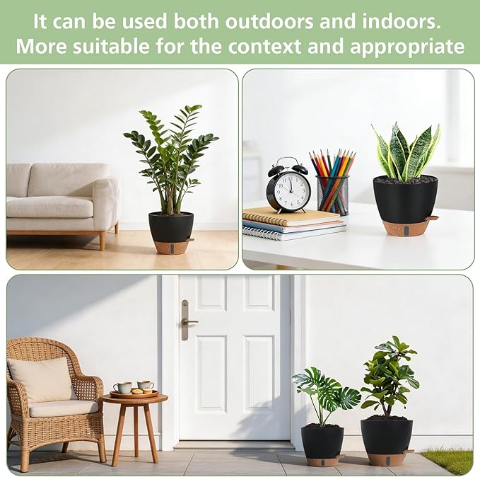 Self Watering Planters Set with Water Level Indicator, 12" 10" 9" 8" Large Plastic Flower Pots with Mesh Drainage Hole and Removable Saucer Reservoir for Indoor Outdoor Plants 4pcs （Black