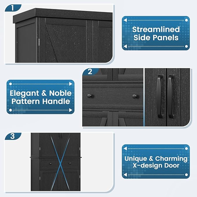 72" Tall Kitchen Pantry Cabinet, Black Pantry Storage Cabinet with Adjustable Shelves, Barn Doors and Drawer, Farmhouse Cupboard for Kitchen, Dining Room, Bathroom (16" D x 30" W x 72" H)