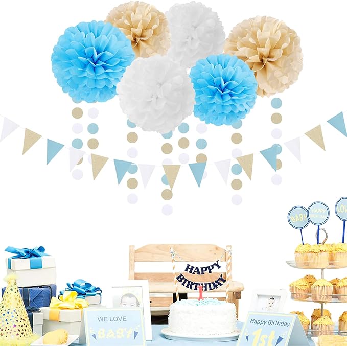 Light-Blue White Boho Champagne-Gold Party-Decorations - 23pcs Boy Birthday Baby Shower Paper Tissue Pom Poms Streamers,Tassel Garland Banner,Bachelorette Bridal Wedding Dusty Decor Lasting Surprise