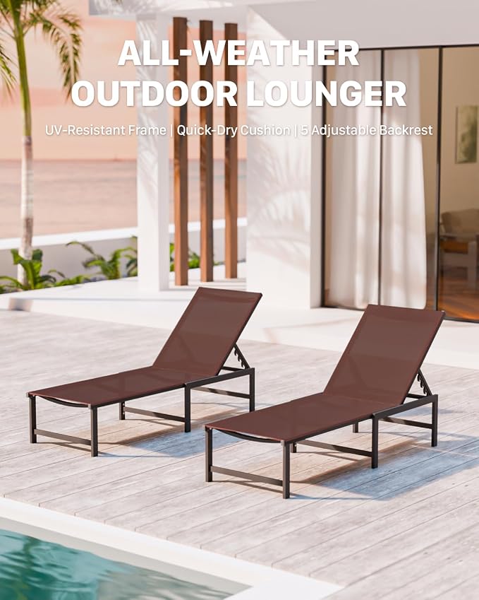 Patio Lounge Chair, Aluminum, 5 Adjustable Backrest,2 Piece,Brown | Lightweight rustproof aluminum.5 adjustable backrest positions.Breathable quick-dry fabric.For poolside,beach,lawn,backyard.