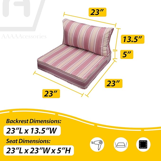 AAAAAcessories Outdoor Seat Cushions for Chairs, Fade-Resistant, Waterproof Patio Furniture Replacement Cushions, 23" x 23" x 5" + 23" x 13.5", Dusty Rose Garden Stripe